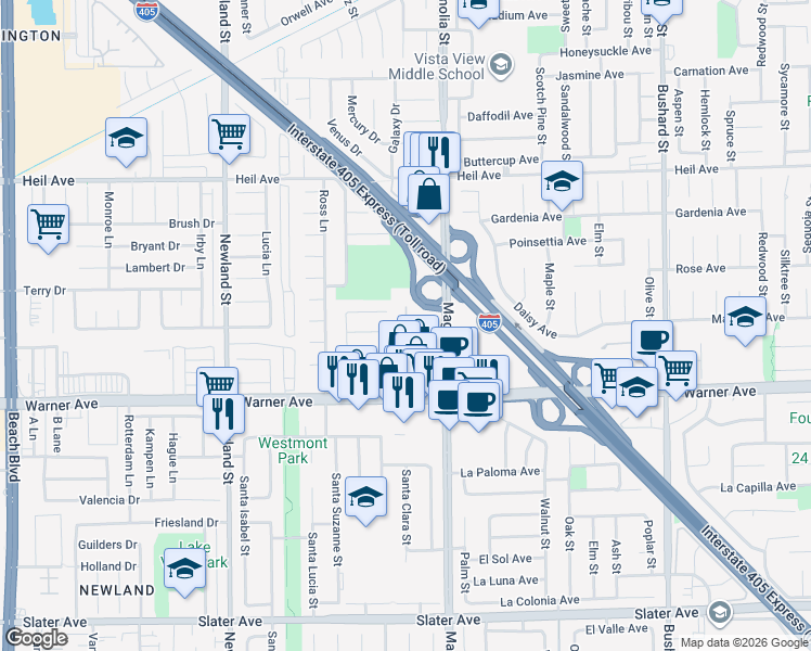 map of restaurants, bars, coffee shops, grocery stores, and more near 16891-16981 Rockcreek Circle in Huntington Beach
