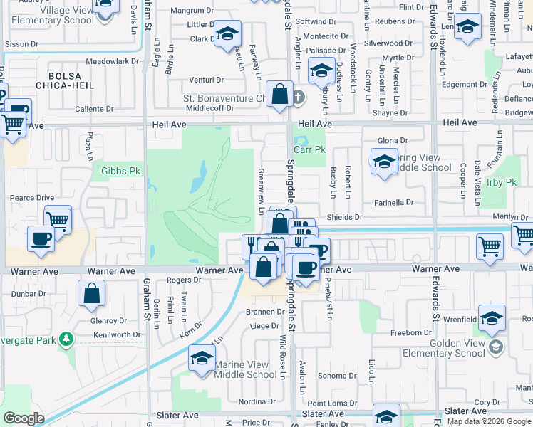 map of restaurants, bars, coffee shops, grocery stores, and more near 16771 Greenview Lane in Huntington Beach