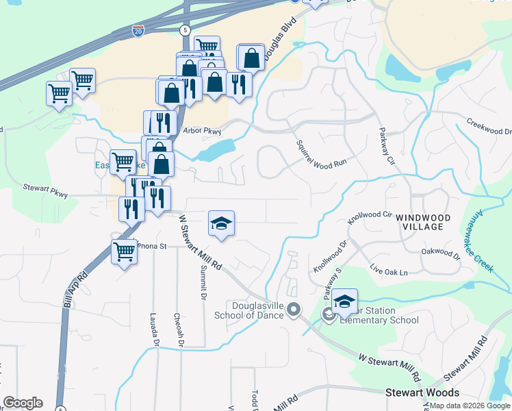 map of restaurants, bars, coffee shops, grocery stores, and more near 5573 Woodland Drive in Douglasville