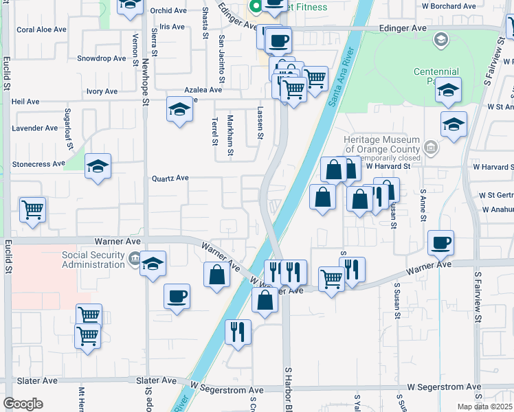 map of restaurants, bars, coffee shops, grocery stores, and more near 11892 Geode Avenue in Fountain Valley
