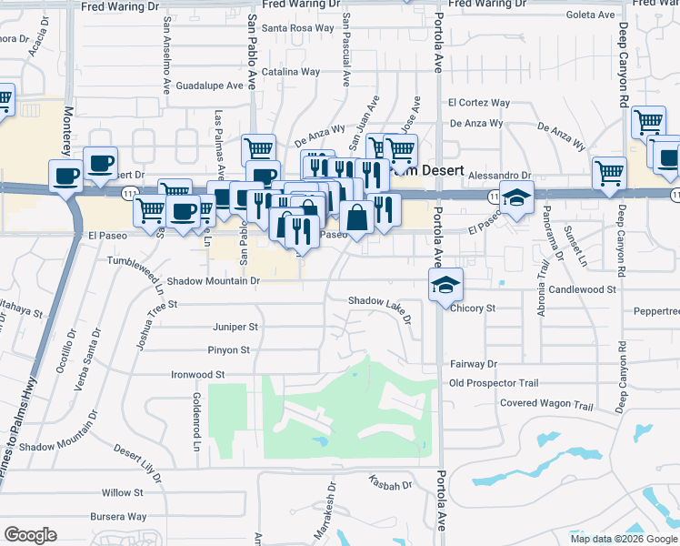 map of restaurants, bars, coffee shops, grocery stores, and more near 73720 Shadow Mountain Drive in Palm Desert