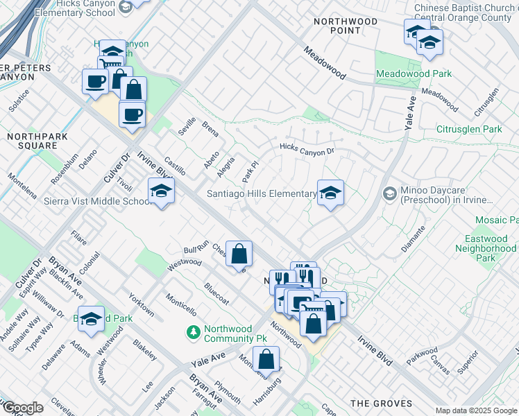 map of restaurants, bars, coffee shops, grocery stores, and more near 35 Fortuna in Irvine