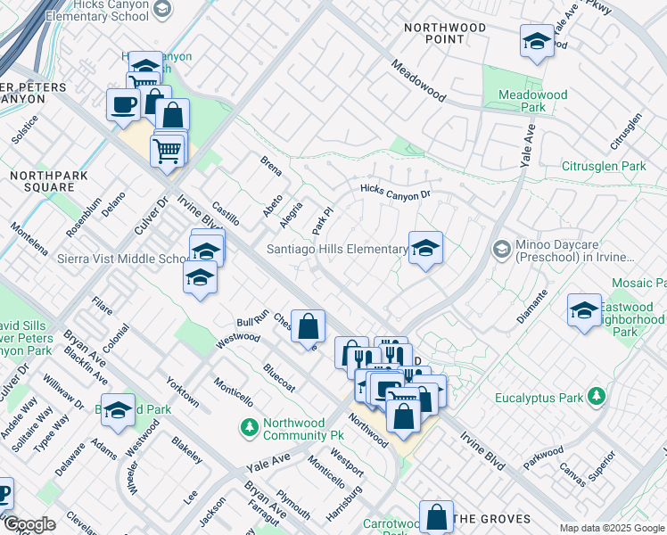 map of restaurants, bars, coffee shops, grocery stores, and more near 35 Fortuna in Irvine