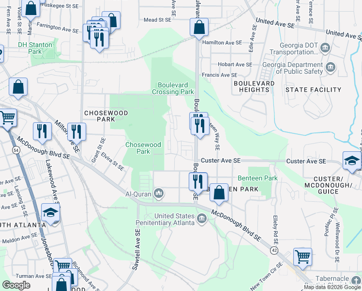 map of restaurants, bars, coffee shops, grocery stores, and more near 540 Burroughs Street Southeast in Atlanta