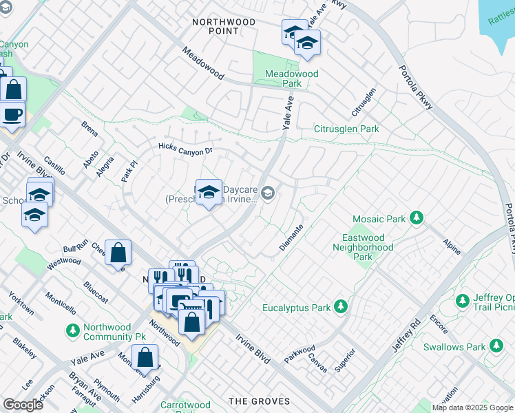 map of restaurants, bars, coffee shops, grocery stores, and more near 30 Entrada West in Irvine