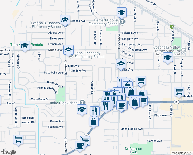 map of restaurants, bars, coffee shops, grocery stores, and more near 45546 Aladdin Street in Indio
