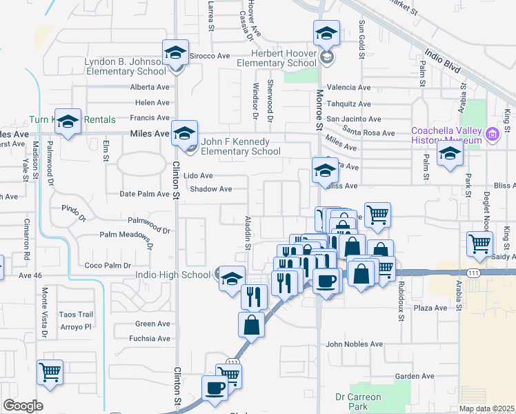map of restaurants, bars, coffee shops, grocery stores, and more near 45546 Aladdin Street in Indio