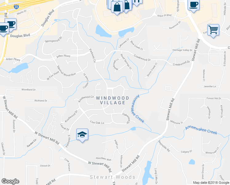 map of restaurants, bars, coffee shops, grocery stores, and more near 6667 Windwood Circle in Douglasville