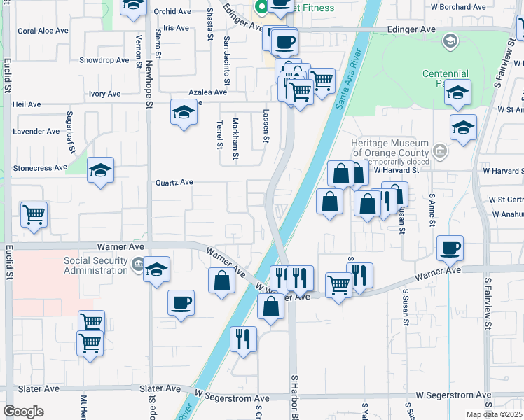 map of restaurants, bars, coffee shops, grocery stores, and more near 11892 Geode Avenue in Fountain Valley