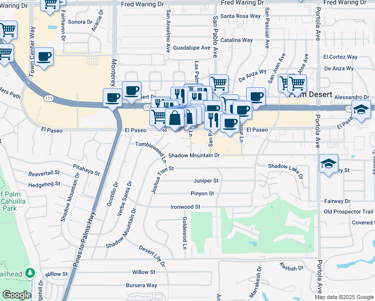 map of restaurants, bars, coffee shops, grocery stores, and more near 45451 Lupine Lane in Palm Desert