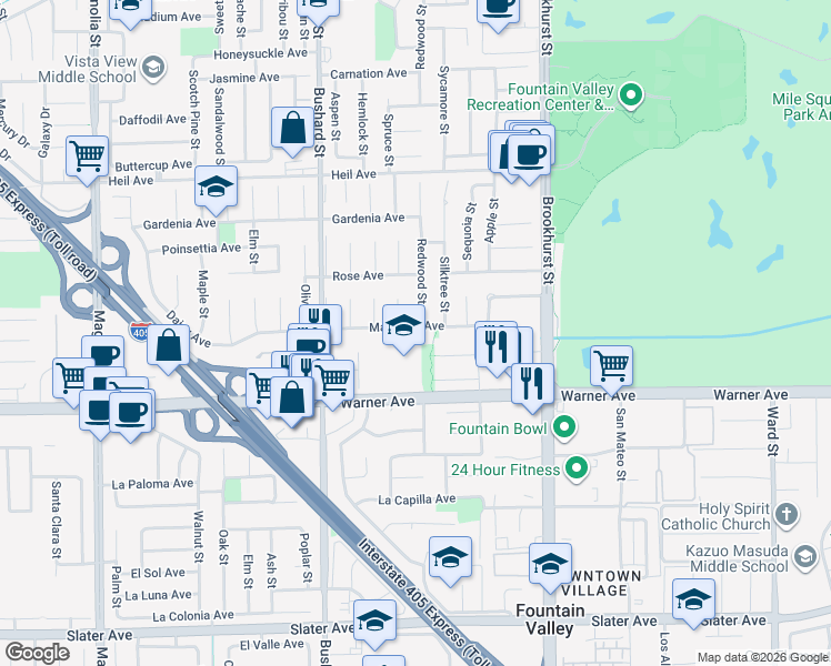 map of restaurants, bars, coffee shops, grocery stores, and more near 16830 Buckeye Circle in Fountain Valley