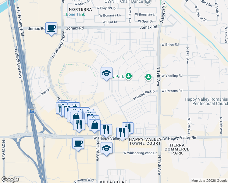 map of restaurants, bars, coffee shops, grocery stores, and more near 25623 North 21st Avenue in Phoenix