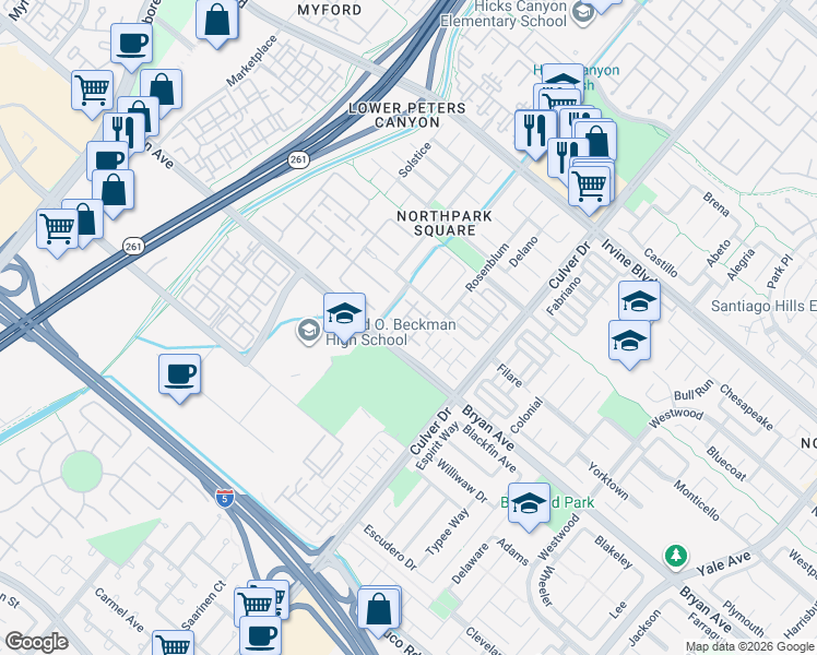 map of restaurants, bars, coffee shops, grocery stores, and more near 35 Taquitz in Irvine