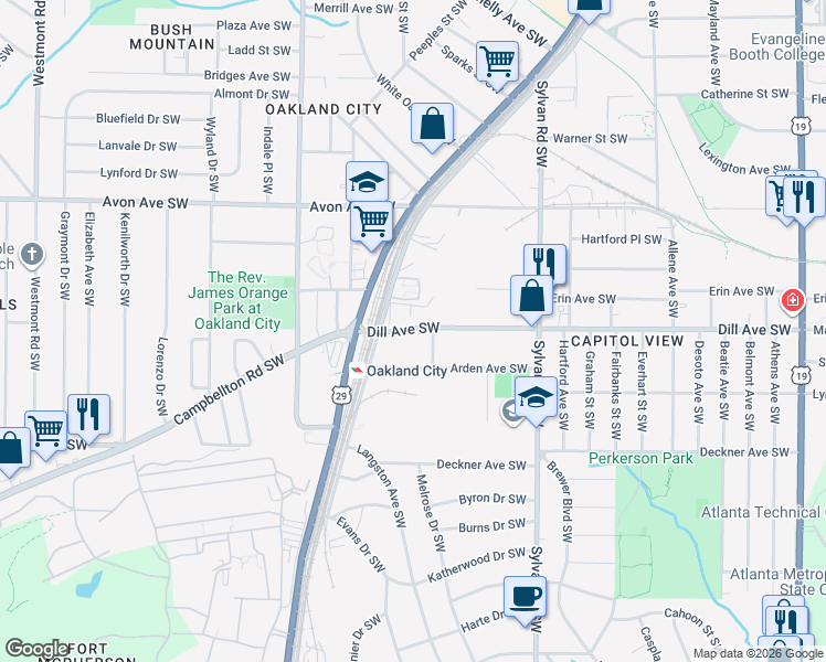 map of restaurants, bars, coffee shops, grocery stores, and more near 1058 Dill Avenue Southwest in Atlanta