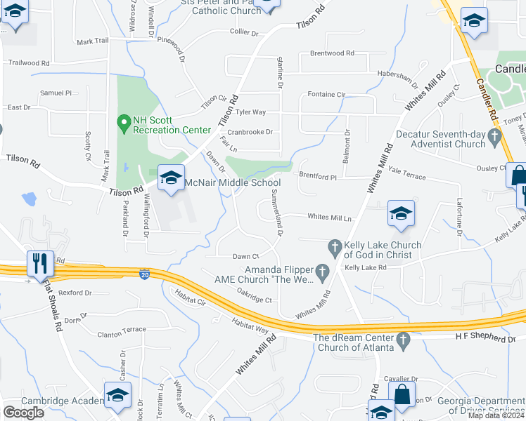 map of restaurants, bars, coffee shops, grocery stores, and more near 2382 Whites Mill Lane in Decatur