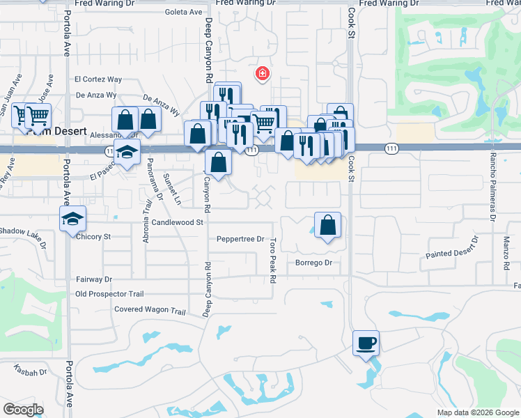 map of restaurants, bars, coffee shops, grocery stores, and more near 45420 Driftwood Drive in Palm Desert