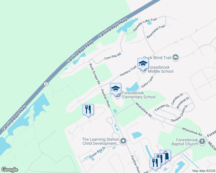 map of restaurants, bars, coffee shops, grocery stores, and more near 2495 Hunters Trail in Myrtle Beach