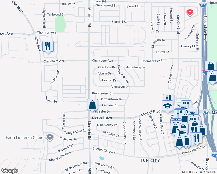map of restaurants, bars, coffee shops, grocery stores, and more near 26280 Allentown Drive in Menifee