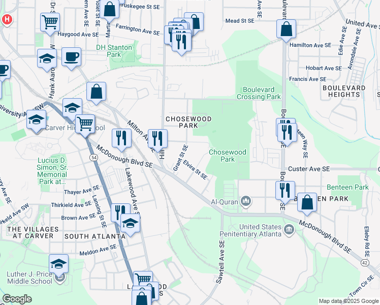 map of restaurants, bars, coffee shops, grocery stores, and more near 1332 Grant Street Southeast in Atlanta