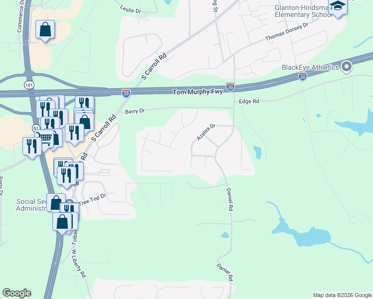 map of restaurants, bars, coffee shops, grocery stores, and more near 133 Azalea Drive in Villa Rica