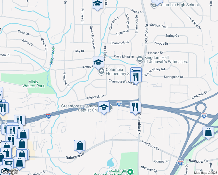 map of restaurants, bars, coffee shops, grocery stores, and more near 2394 Glenrock Drive in Decatur