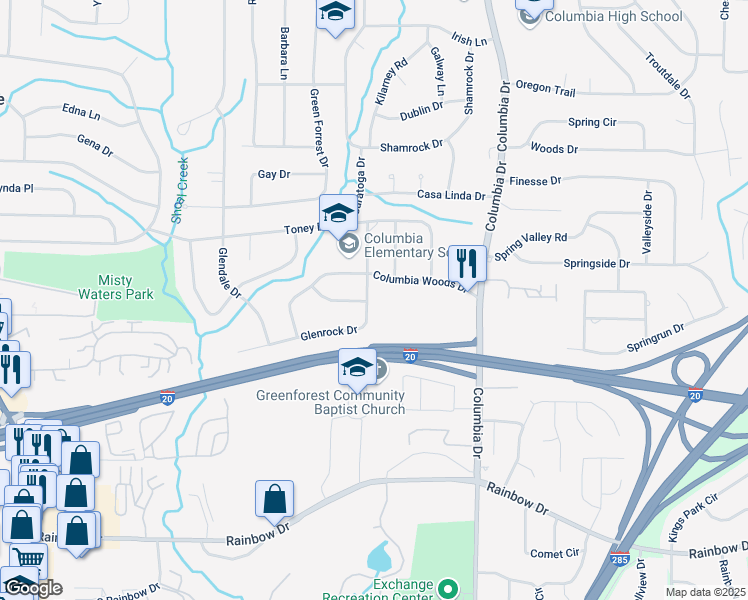 map of restaurants, bars, coffee shops, grocery stores, and more near 2400 Glenrock Drive in Decatur