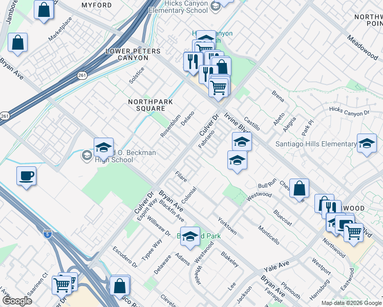 map of restaurants, bars, coffee shops, grocery stores, and more near 3 Terracima in Irvine