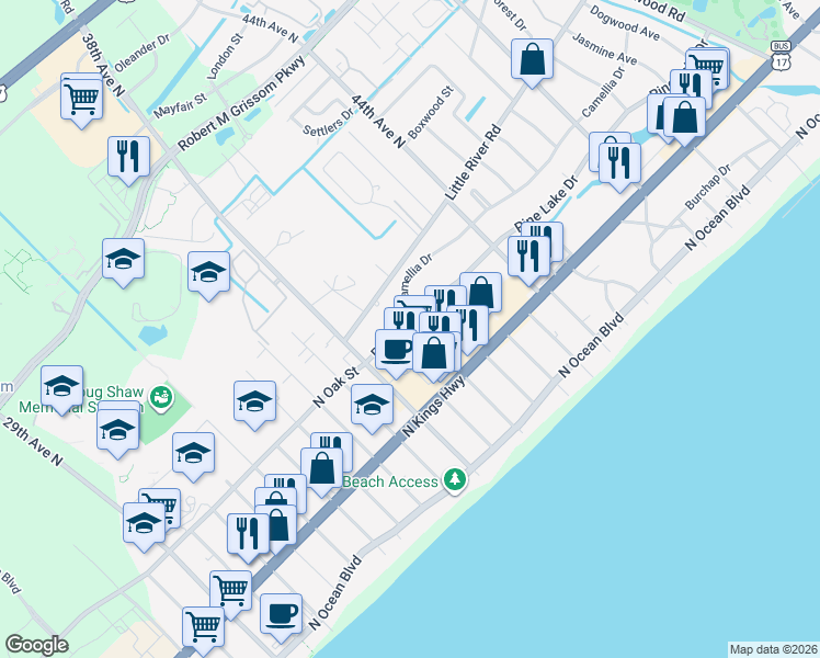 map of restaurants, bars, coffee shops, grocery stores, and more near 3820 Oak Circle in Myrtle Beach
