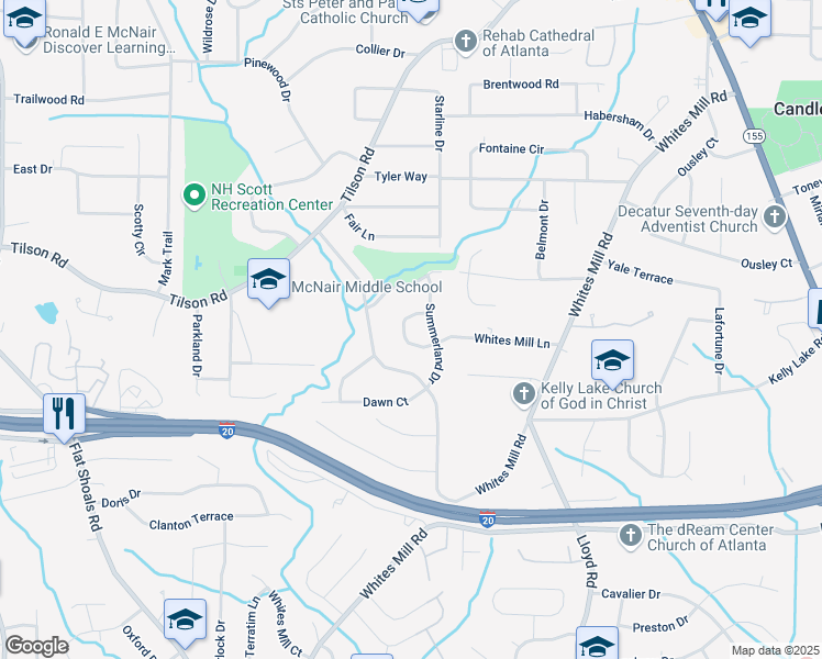 map of restaurants, bars, coffee shops, grocery stores, and more near 2382 Whites Mill Lane in Decatur
