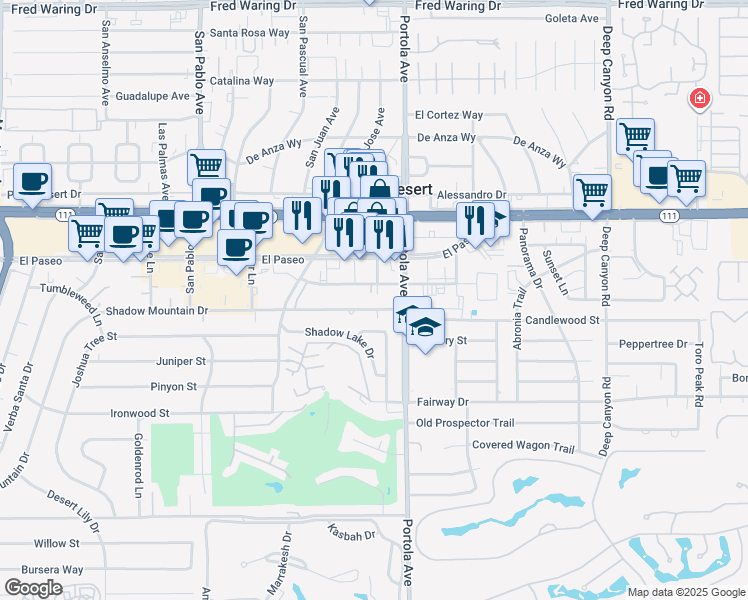 map of restaurants, bars, coffee shops, grocery stores, and more near 73922 Shadow Mountain Drive in Palm Desert