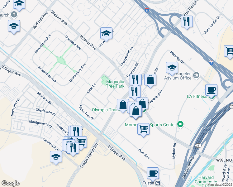 map of restaurants, bars, coffee shops, grocery stores, and more near 2321 Basswood Circle in Tustin
