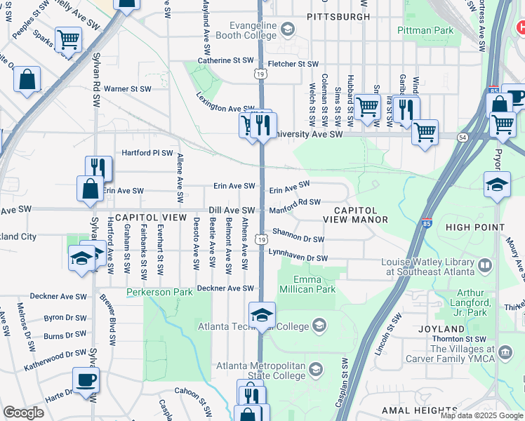 map of restaurants, bars, coffee shops, grocery stores, and more near Metropolitan Pkwy SW & Dill Ave SW in Atlanta
