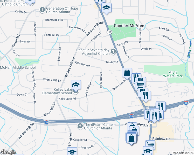 map of restaurants, bars, coffee shops, grocery stores, and more near 2388 Kelly Lake Drive in Decatur