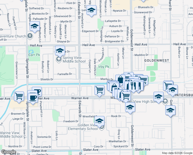 map of restaurants, bars, coffee shops, grocery stores, and more near 6661 Marilyn Drive in Huntington Beach