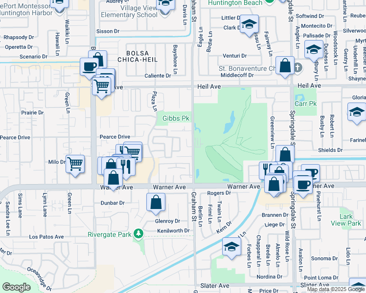 map of restaurants, bars, coffee shops, grocery stores, and more near 16831 Stonehaven Circle in Huntington Beach
