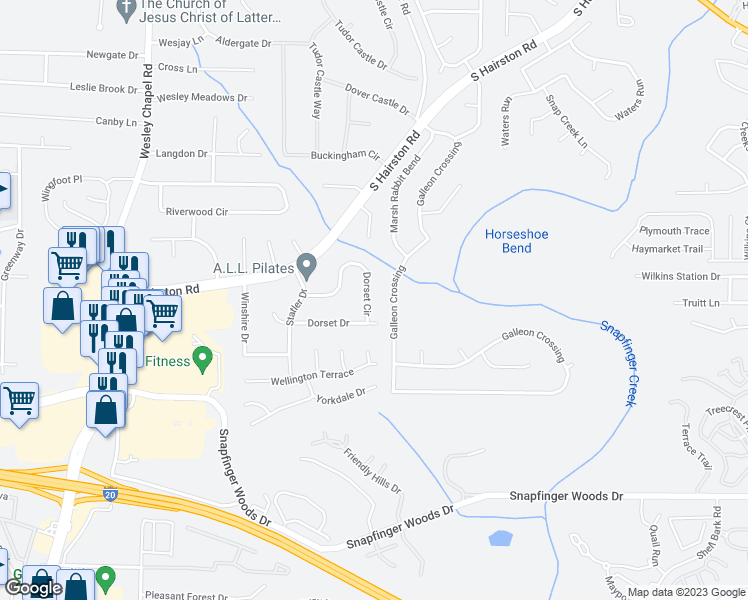 map of restaurants, bars, coffee shops, grocery stores, and more near 4576 Dorset Circle in Decatur