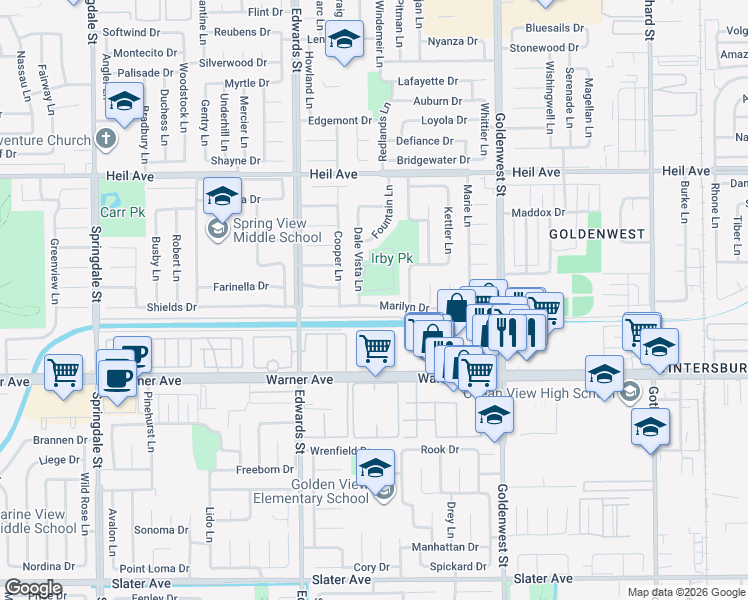 map of restaurants, bars, coffee shops, grocery stores, and more near 6661 Marilyn Drive in Huntington Beach
