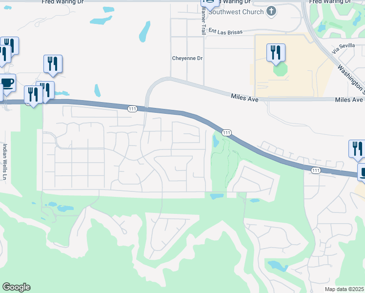 map of restaurants, bars, coffee shops, grocery stores, and more near 77339 Mallorca Lane in Indian Wells
