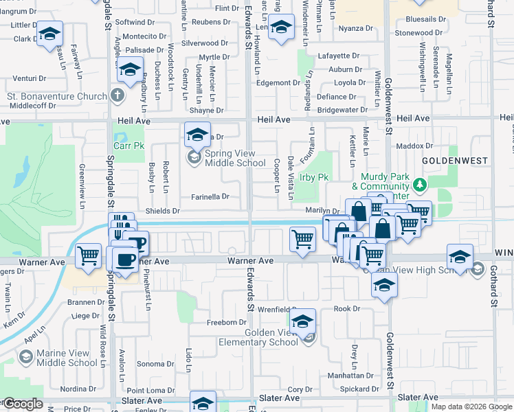 map of restaurants, bars, coffee shops, grocery stores, and more near 6521 Marilyn Drive in Huntington Beach