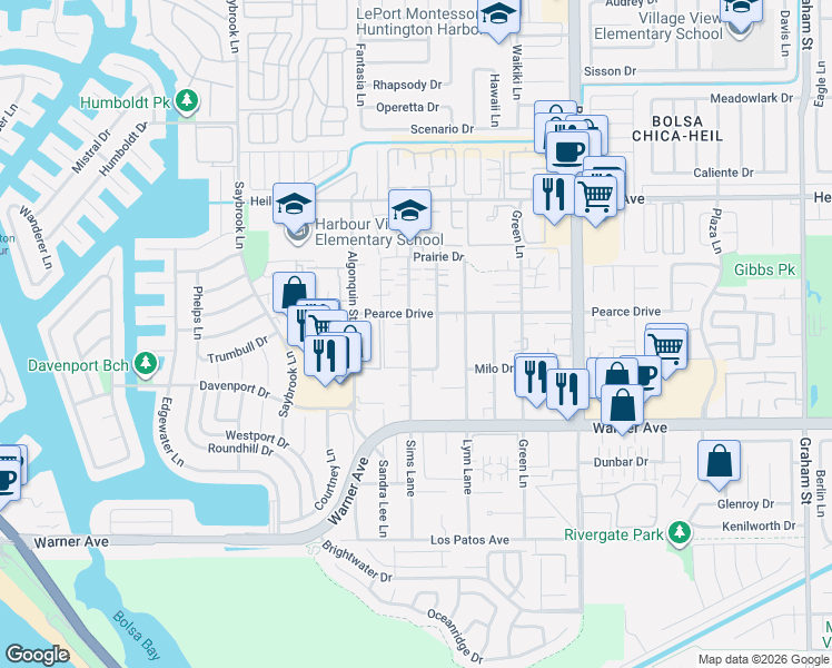 map of restaurants, bars, coffee shops, grocery stores, and more near 16772 Sims Lane in Huntington Beach