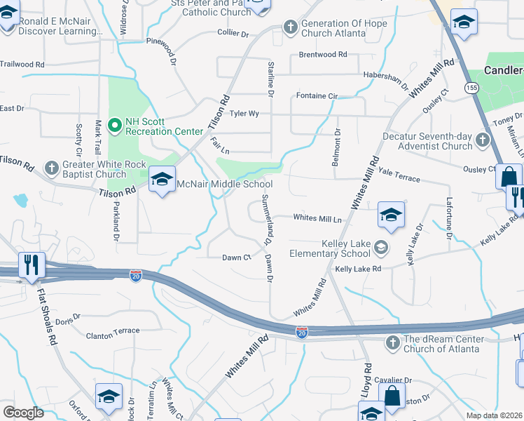 map of restaurants, bars, coffee shops, grocery stores, and more near 2406 Summerland Drive in Decatur