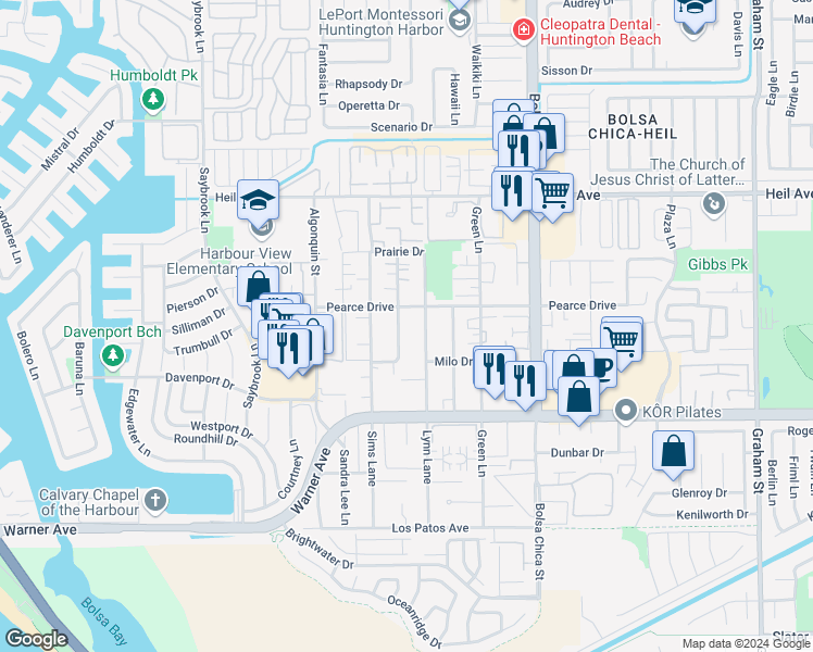 map of restaurants, bars, coffee shops, grocery stores, and more near 16772 Blanton Lane in Huntington Beach