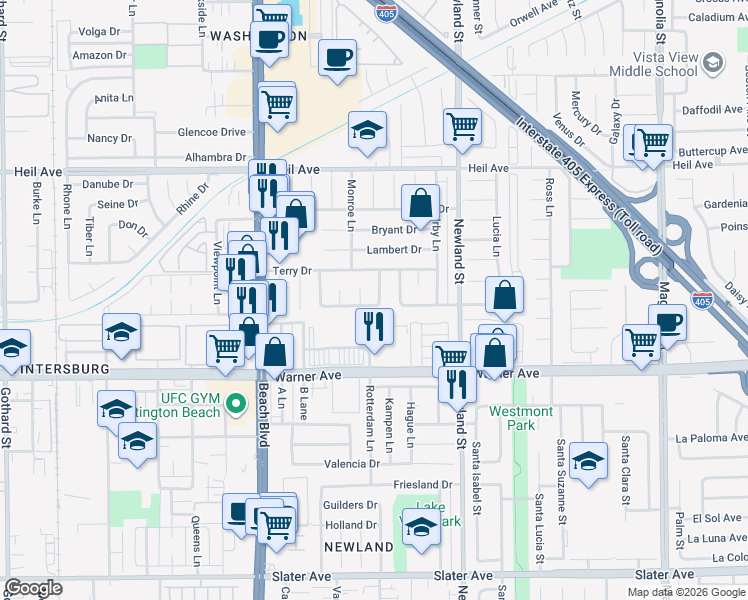 map of restaurants, bars, coffee shops, grocery stores, and more near 16821 Montclair Lane in Huntington Beach
