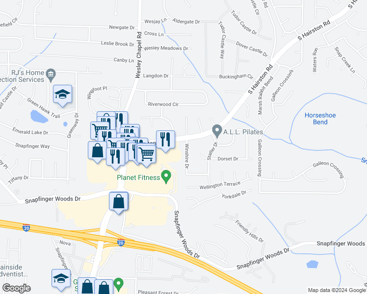 map of restaurants, bars, coffee shops, grocery stores, and more near 2385 Winshire Drive in Decatur