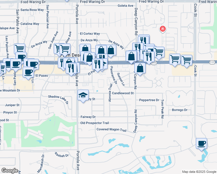 map of restaurants, bars, coffee shops, grocery stores, and more near 45440 Abronia Trail in Palm Desert