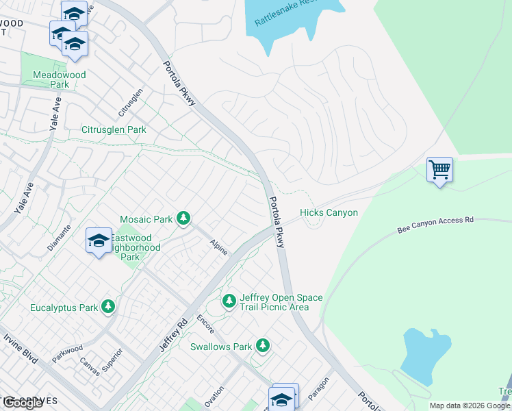 map of restaurants, bars, coffee shops, grocery stores, and more near 100 Lovelace in Irvine