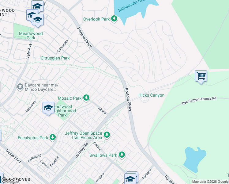 map of restaurants, bars, coffee shops, grocery stores, and more near 125 Cordial in Irvine