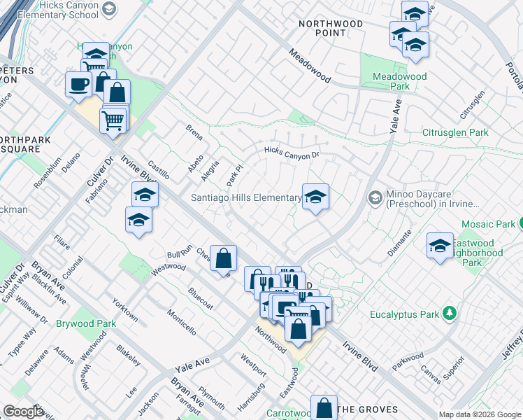 map of restaurants, bars, coffee shops, grocery stores, and more near 10 Ensueno West in Irvine