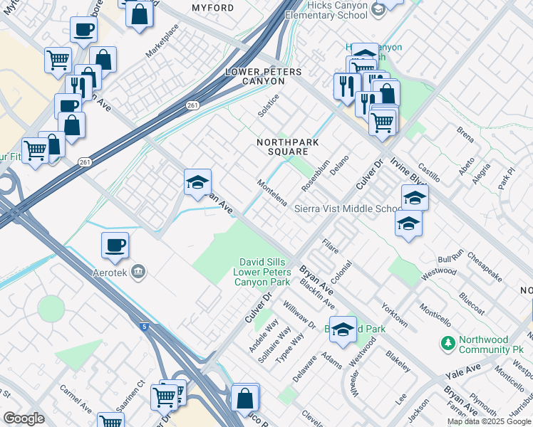 map of restaurants, bars, coffee shops, grocery stores, and more near 35 Taquitz in Irvine