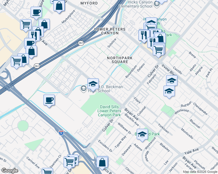 map of restaurants, bars, coffee shops, grocery stores, and more near 35 Taquitz in Irvine
